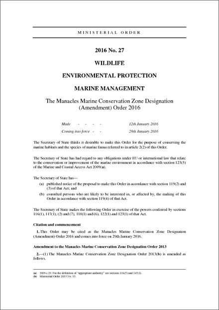 The Manacles Marine Conservation Zone Designation (Amendment) Order 2016