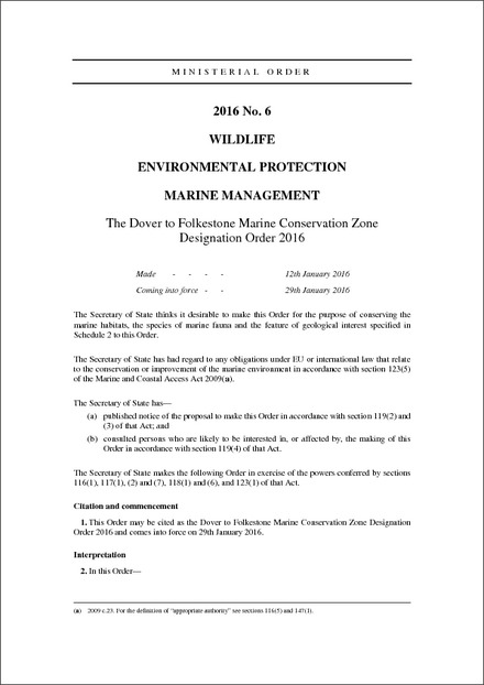 The Dover to Folkestone Marine Conservation Zone Designation Order 2016