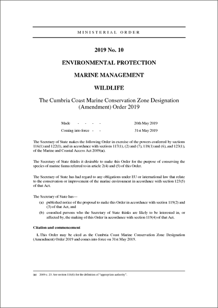 The Cumbria Coast Marine Conservation Zone Designation (Amendment) Order 2019