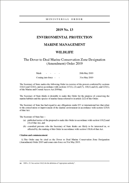 The Dover to Deal Marine Conservation Zone Designation (Amendment) Order 2019