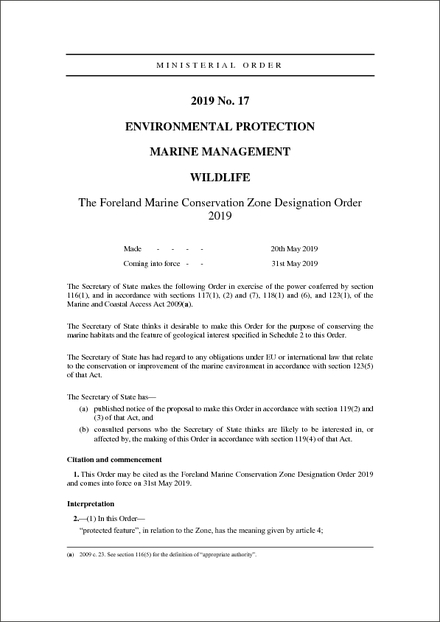 The Foreland Marine Conservation Zone Designation Order 2019