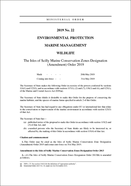 The Isles of Scilly Marine Conservation Zones Designation (Amendment) Order 2019