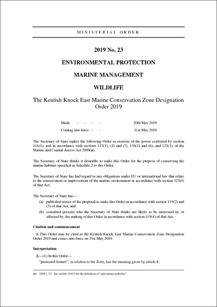 The Kentish Knock East Marine Conservation Zone Designation Order 2019
