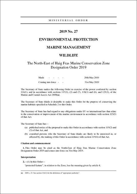 The North-East of Haig Fras Marine Conservation Zone Designation Order 2019