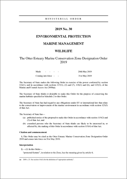 The Otter Estuary Marine Conservation Zone Designation Order 2019