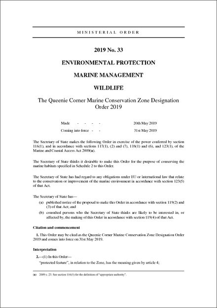 The Queenie Corner Marine Conservation Zone Designation Order 2019