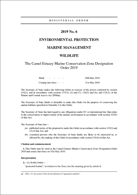The Camel Estuary Marine Conservation Zone Designation Order 2019