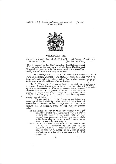British Nationality and Status of Aliens Act 1918