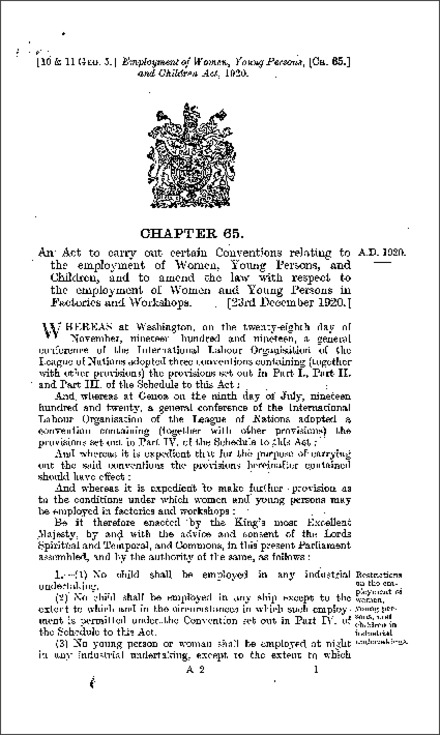 Employment of Women, Young Persons, and Children Act 1920