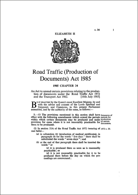 Road Traffic (Production of Documents) Act 1985