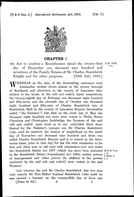 Scarisbrick Settlement Act 1918