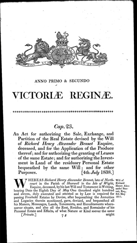 Richard Bennet's estate: authorizing sale, exchange, partition and grant of leases and investment of the residual estate, and other provisions Act 1838