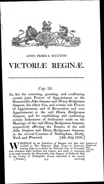 Honourable John and Henry Simpson's estate: granting and confirming powers of appointment and confirming and establishing Henry Simpson's marriage settlement Act 1838