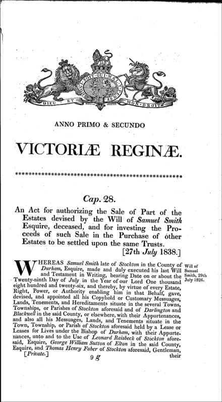 Samuel Smith's estate: authorizing sale, others to be purchased and settled in lieu Act 1838