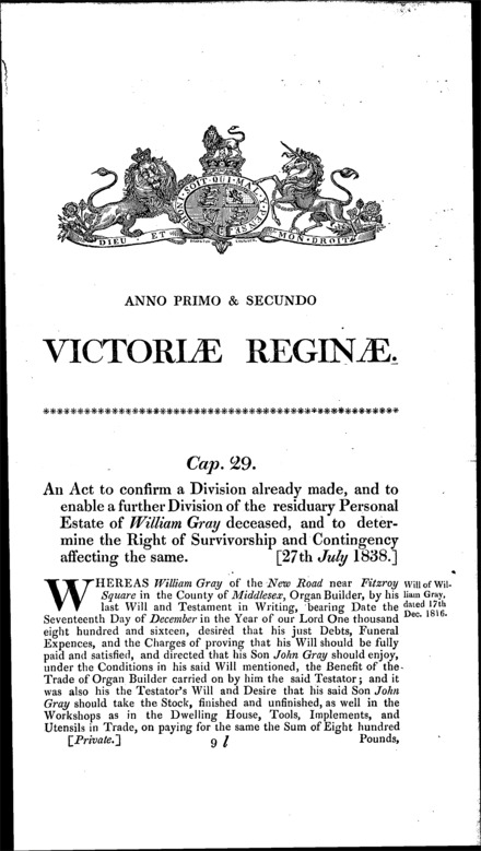 William Gray's estate: confirming a division, making a further such and determining the right of survivorship and contingency Act 1838