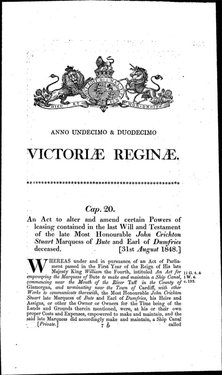 John Marquess of Bute's will: amending a power of leasing Act 1848