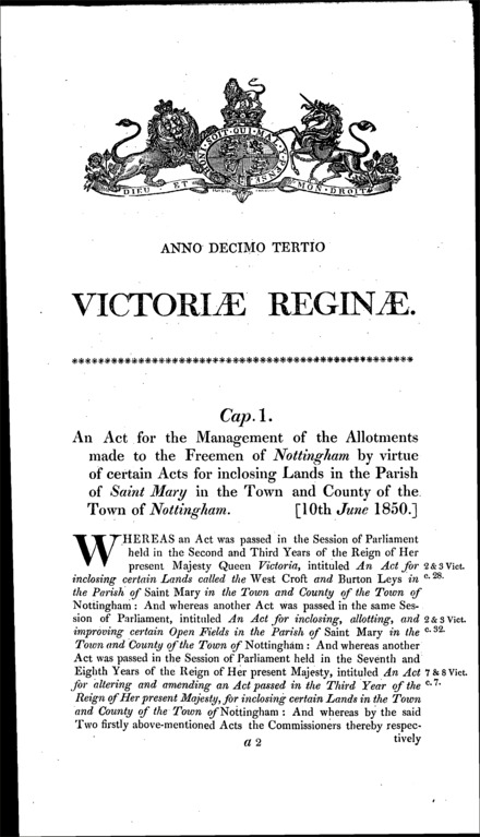The Nottingham Freemen's Allotments Act 1850