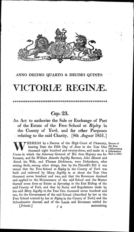 Ripley Free School estate (Yorkshire) : authorizing sale or exchange of part, and other provisions Act 1851