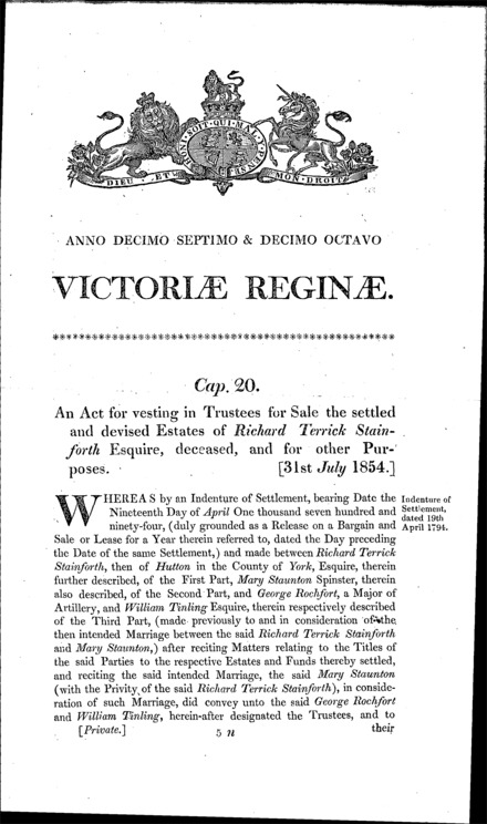 Stainforth's Estate Act 1854