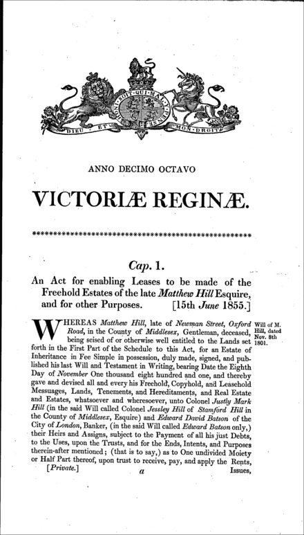 Matthew Hill's Estate Act 1855