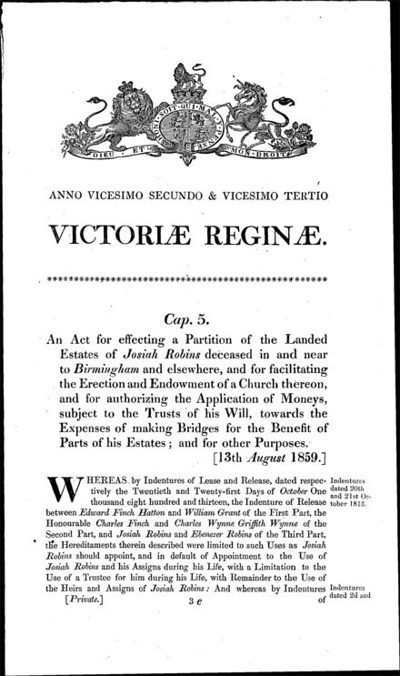 Robins' Estate Act 1859