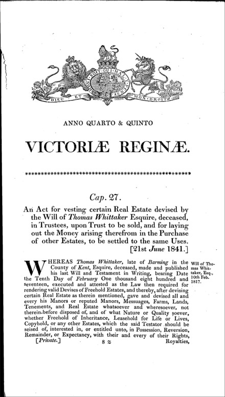 Thomas Whitaker's estate: vesting devised estates in trustees to be sold, others to be purchased and settled in lieu Act 1841