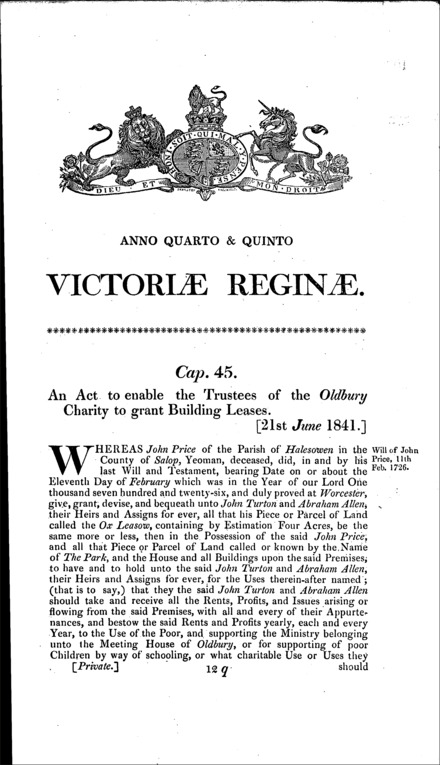 Oldbury Charity estate: enabling the trustees to grant building leases Act 1841