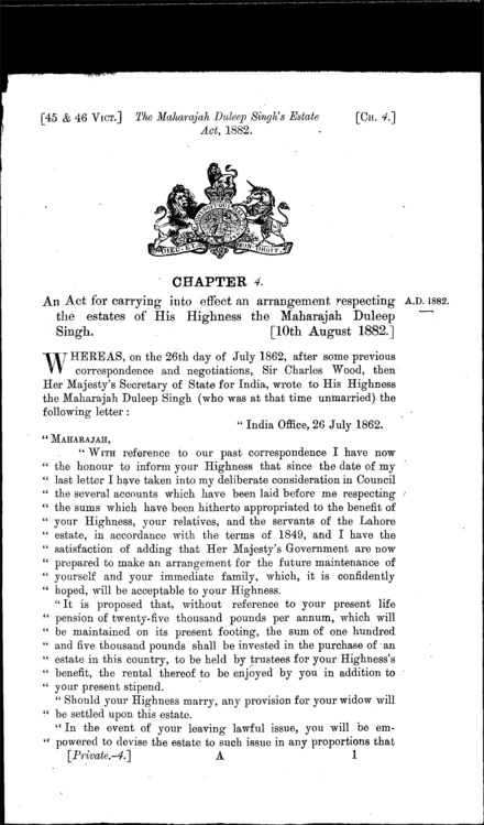 The Maharajah Duleep Singh's Estate Act 1882