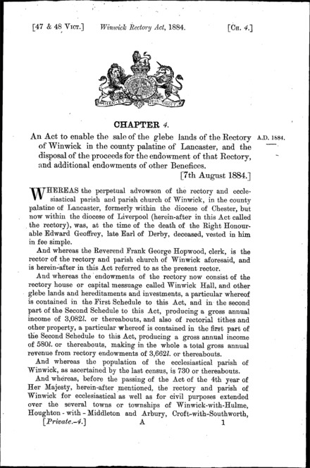 Winwick Rectory Act 1884