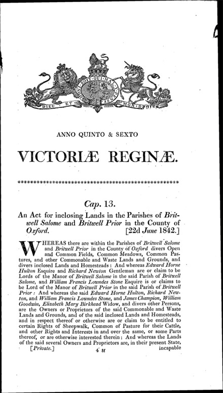 Britwell Salome and Britwell Prior (Oxfordshire) inclosure Act 1842