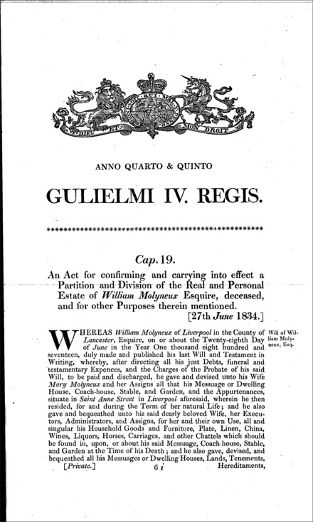 William Molyneux's estate: confirming and executing a partition and division, and other provisions Act 1834