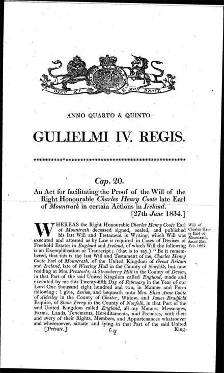 Facilitating the proof of the Earl of Mountrath's will in actions in Ireland Act 1834