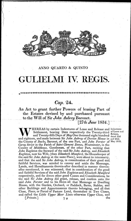 Sir John Aubrey's estate: grant of further powers to let estates devised by, and purchased pursuant to, his will Act 1834