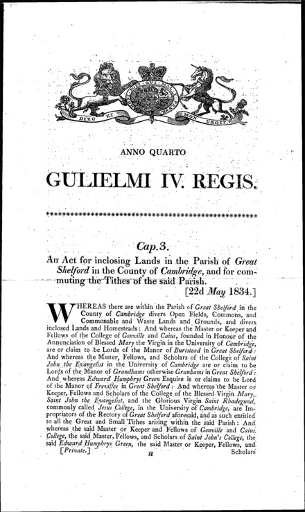 Great Shelford Cambridgeshire) inclosure and commutation of tithes Act 1834