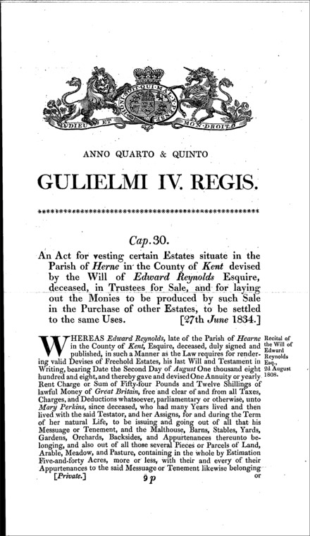 Edward Reynold's estate: vesting in trustees for sale, other estates to be purchased and settled in lieu Act 1834