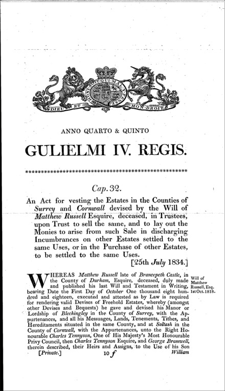 Matthew Russell's estate: vesting estates in Surrey and Cornwall in trustees for sale, for the discharge of incumbrances, or for the purchase of other estates to be settled in lieu Act 1834