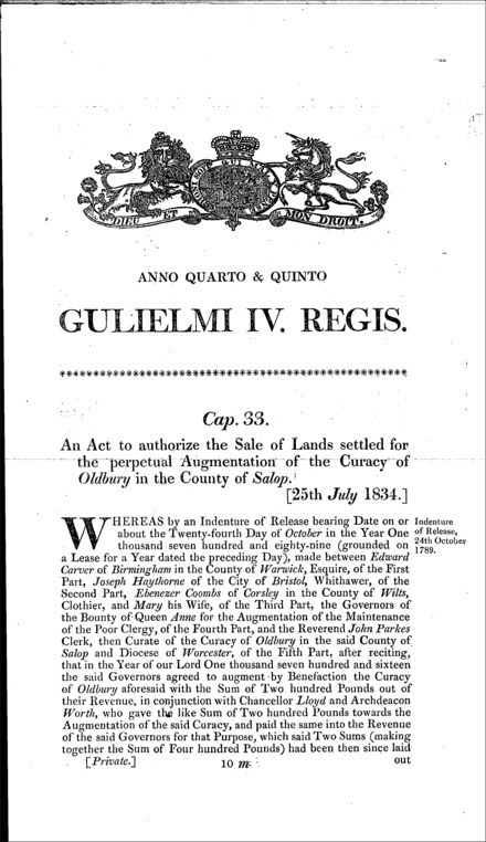 Oldbury (Salop.) Curacy's estate: authorizing sale of lands Act 1834