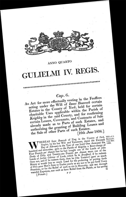 Isaac Bowcock's charity estates (Yorkshire) : more effectually vesting in feoffees under his will, confirming leases, covenants and contracts of sale and authorizing sales and grants of leases Act 1834