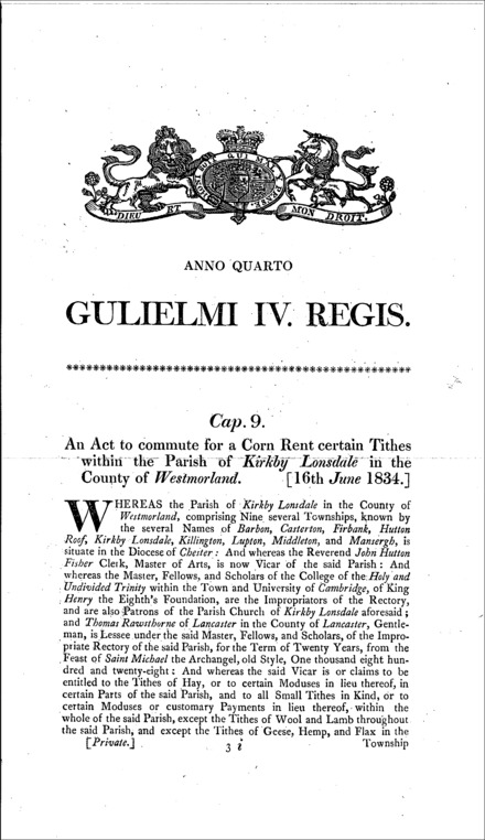 Kirkby Lonsdale (Westmorland) : commutation of tithes for a corn rent Act 1834