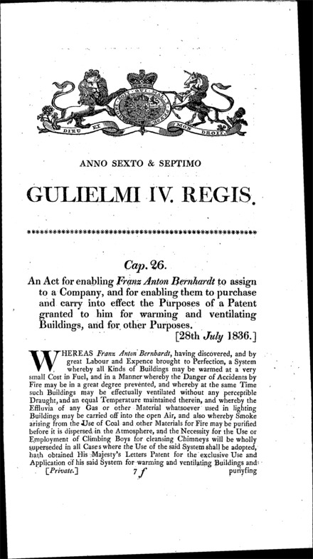 Enabling Franz Bernhardt to assign to a company a patent for warming and ventilating buildings Act 1836