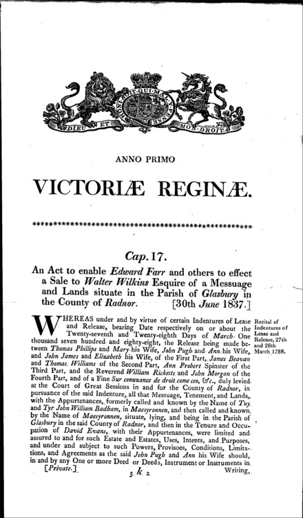 Edward Farr's estate: sale of a messuage and lands in Glasbury (Radnorshire) to Walter Wilkins Act 1837