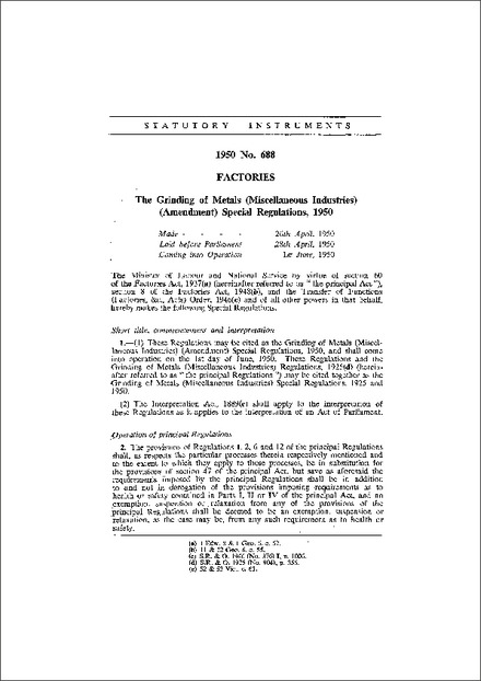 The Grinding of Metals (Miscellaneous Industries) (Amendment) Special Regulations, 1950