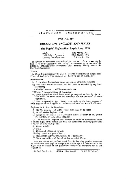 The Pupils' Registration Regulations 1956