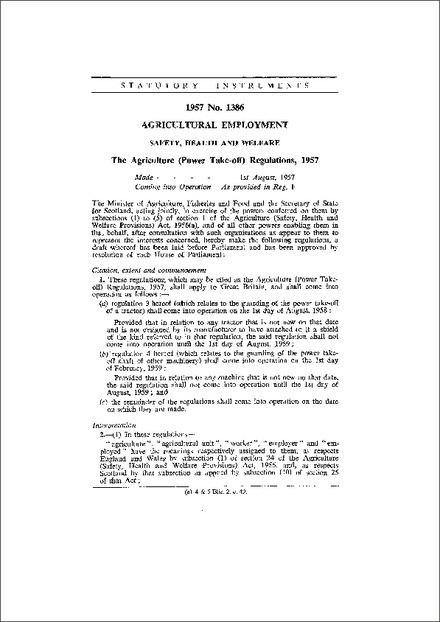 The Agriculture (Power Take-off) Regulations 1957