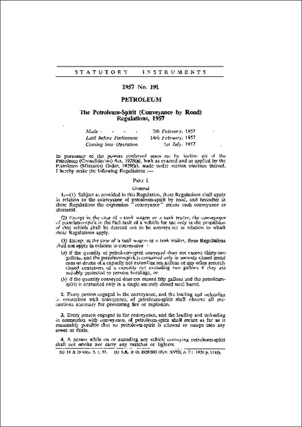 The Petroleum-Spirit (Conveyance by Road) Regulations 1957