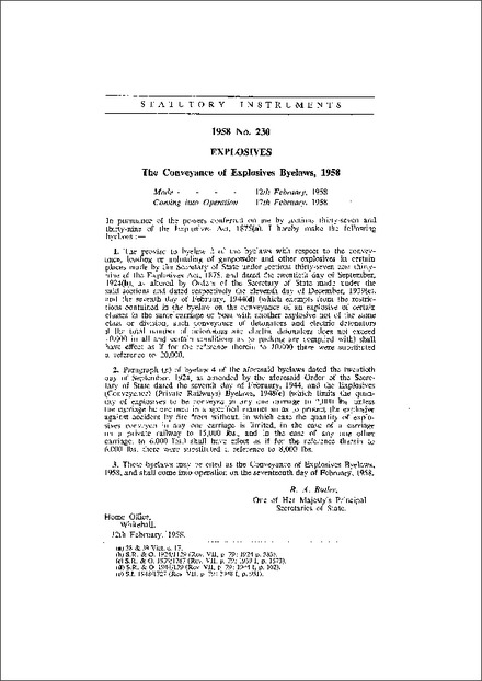 The Conveyance of Explosives Byelaws 1958 Explosives
