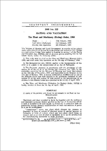 The Plant and Machinery (Rating) Order, 1960