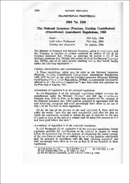 The National Insurance (Pensions, Existing Contributors) (Transitional) Amendment Regulations,1960