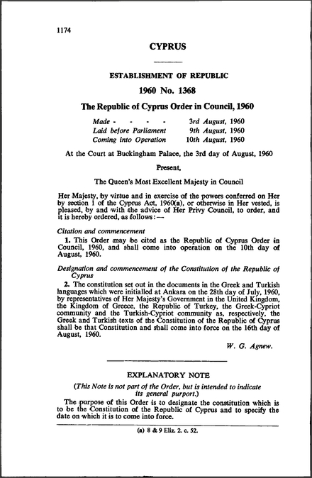 The Republic of Cyprus Order in Council, 1960