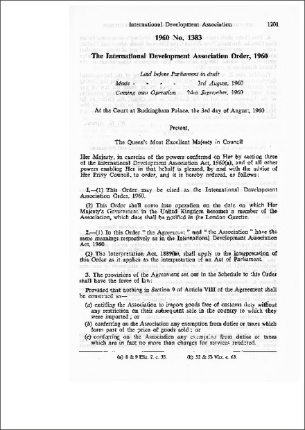 The International Development Association Order,1960